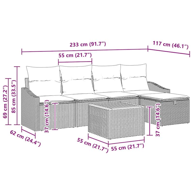 vidaXL 6 Garden Sofa Set with Cushions Black/Grey Poly Rattan - 91.7 x 46.1 x 27.2