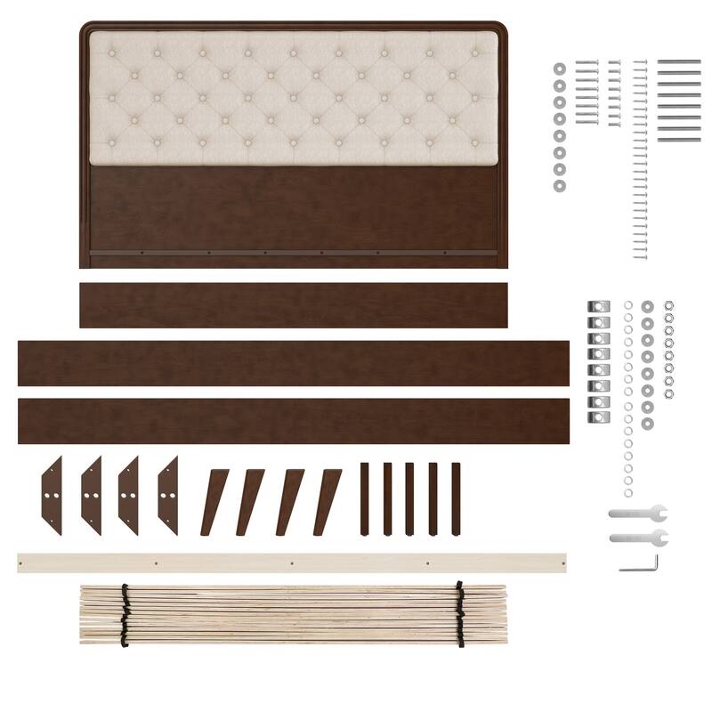 LUE BONA Solid Wood Panel Platform Bed with Button Tufted Headboard, Multi-Size wooden Rustic Bed Frame Bedroom Furniture