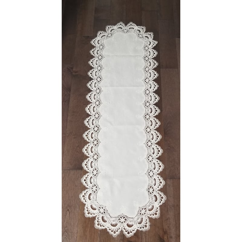 White Floral Lace Embroidered Cutwork Rectangular Table Runner, 17 by 53 inch Table Linen Decor, Water Resistance - 17 x 53"