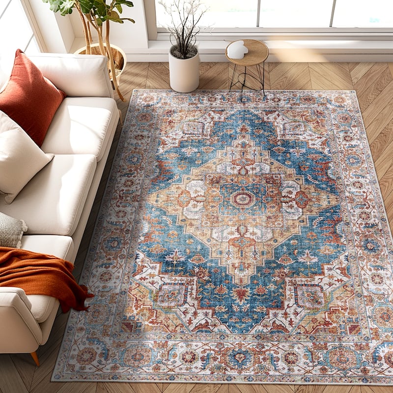 Machine Washable Vintage Bohemia 5'x7' Area Rug - Blue & Yellow - 5'x7'