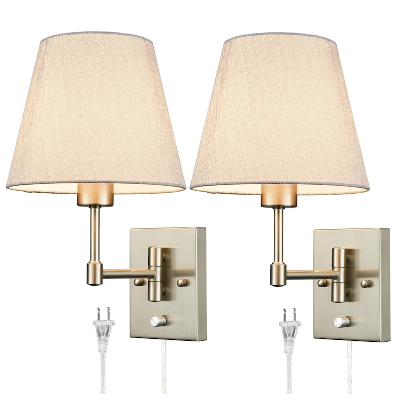 Udine Traditonal 2-Pack Plug in Wall Lights Fabric Shade Swing Arm Wall Lamps - Brushed Nickel