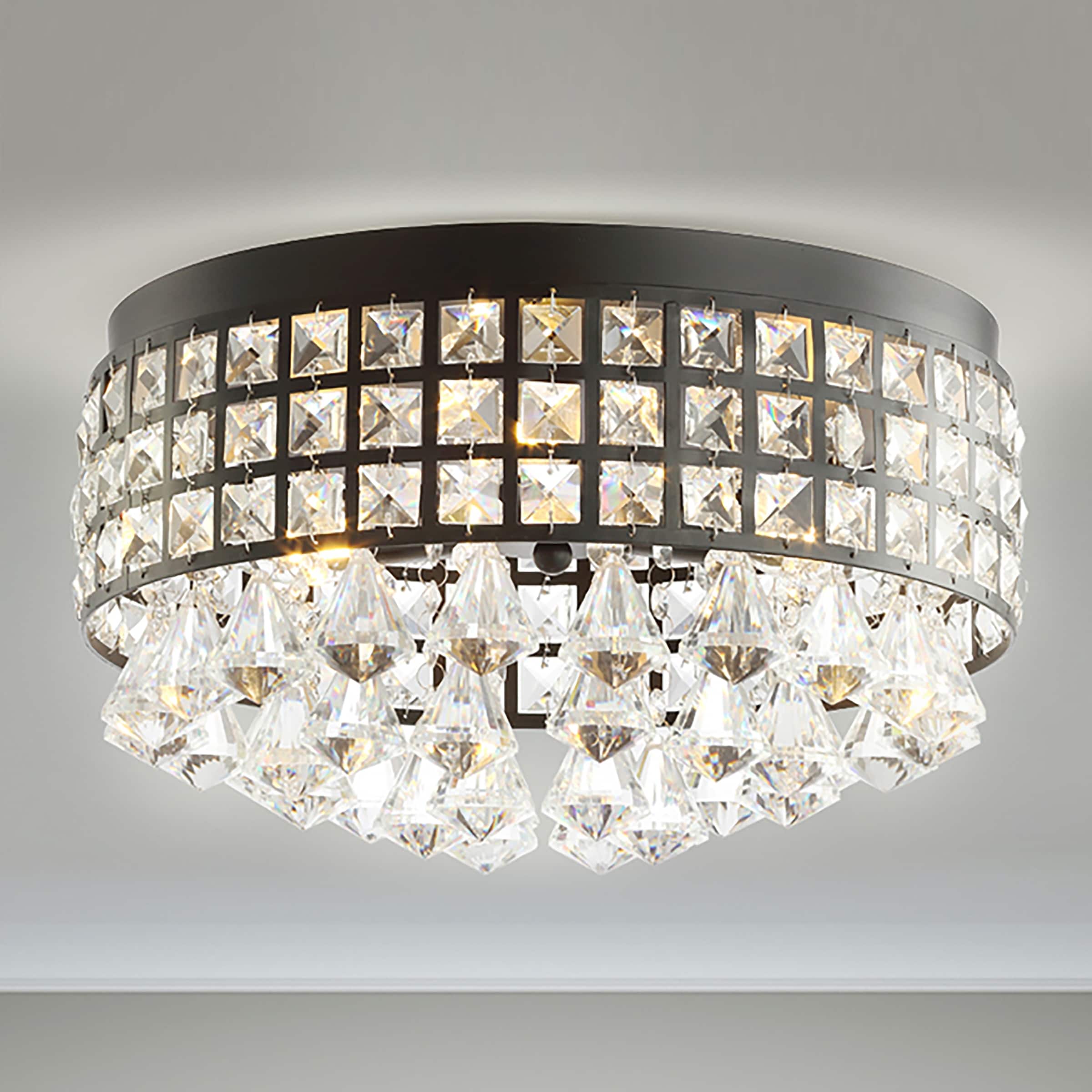 JONATHAN Y Evelyn 14.5" 3-Light Crystal Drops/Metal LED Flush Mount, Black