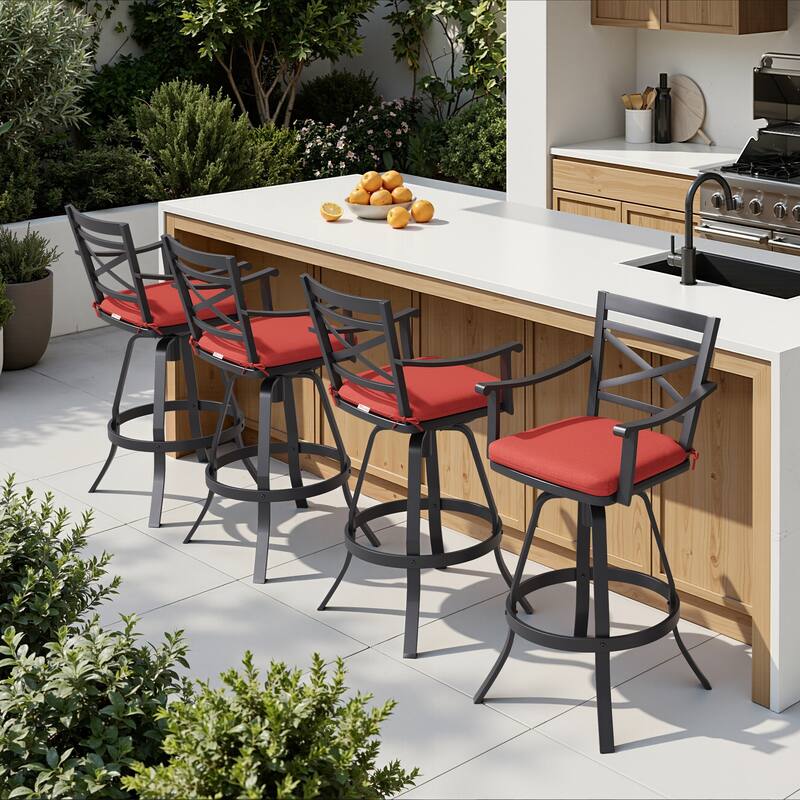 Outdoor Patio Cast Aluminum Swivel Bar Stools with Sunbrella Cushion - Red - 4PC