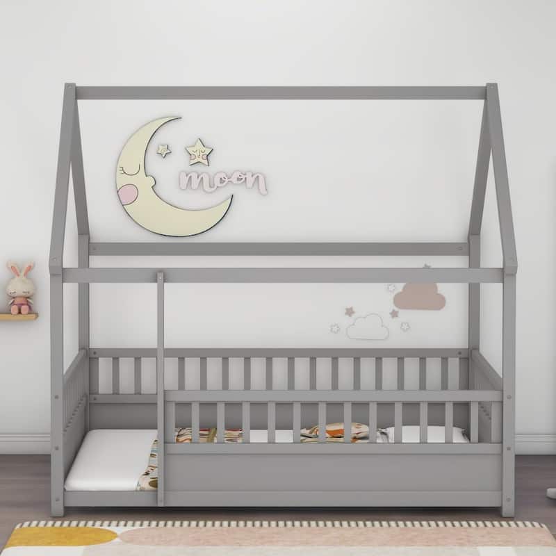 Full Size Floor Wooden Bed with House Roof Frame, Fence Guardrails - Grey