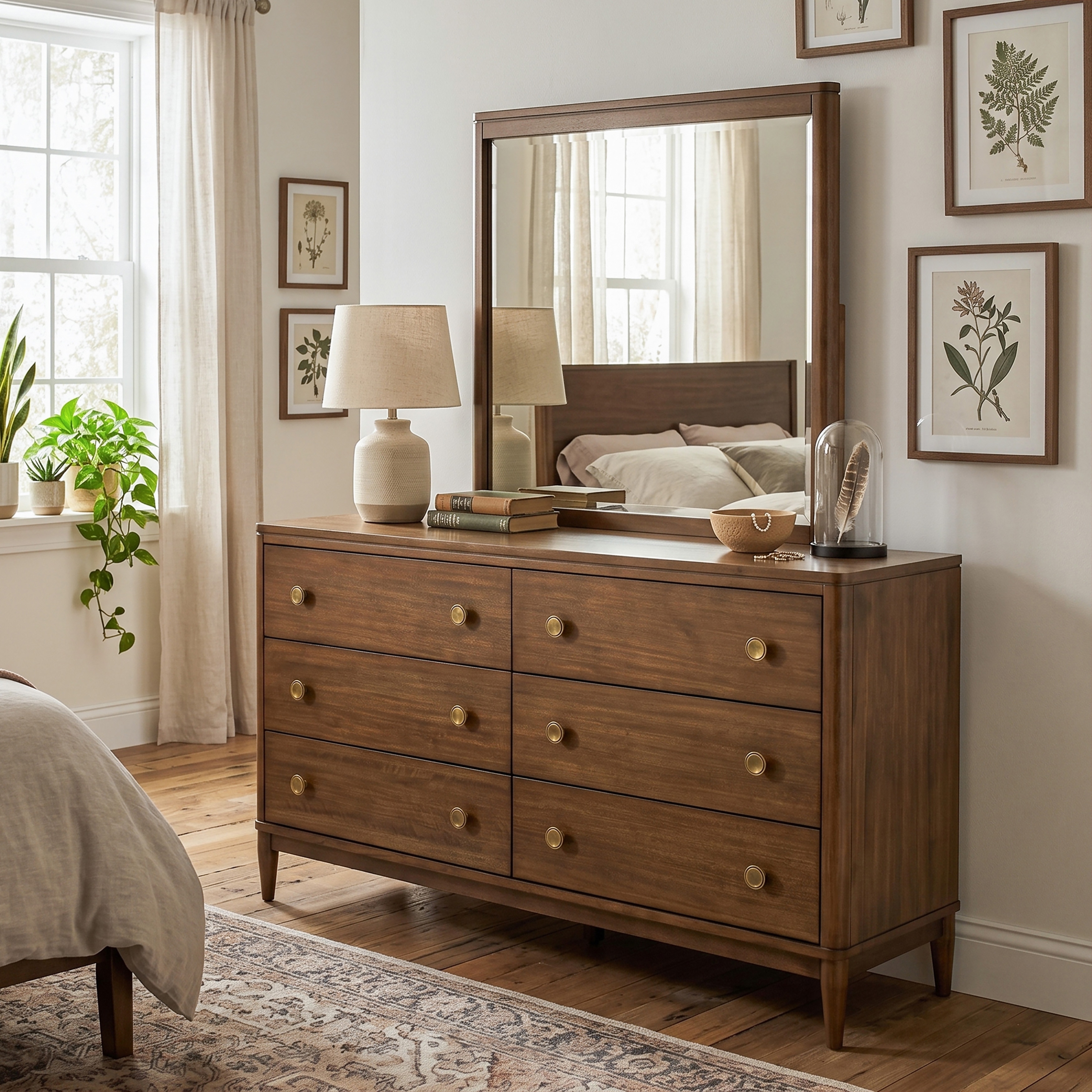 Furniture of America Mariey Mid-Century Modern 2-Piece Walnut Wood 6-Drawer Dresser and Mirror Set