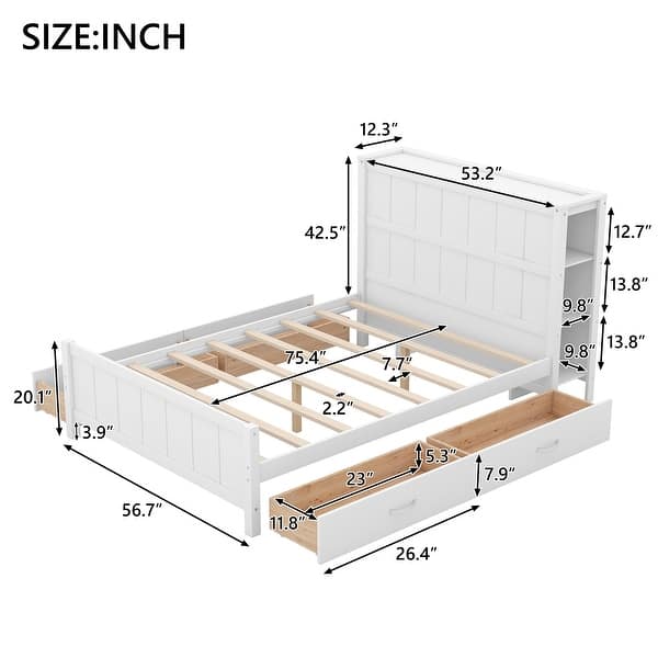 dimension image slide 1 of 3, Full Storage Bed Frame with Headborad, Drawers, Storage Shelves