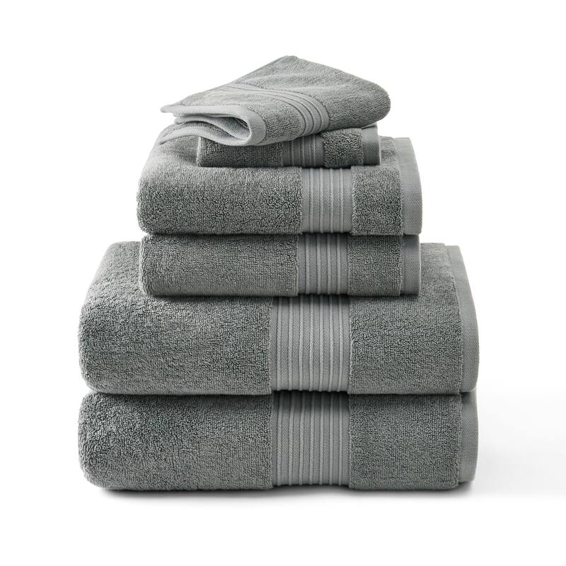 TOWN & COUNTRY EVERYDAY 6-Piece Assorted Solid Dobby Border Set, 2-Bath Towels, 2-Hand Towels, 2-Washcloths - Grey