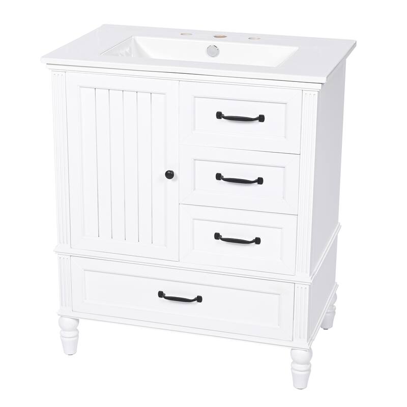 Roomfitters 30" Bathroom Vanity with Integrated Ceramic Sink, Solid Wood Frame and 3-Drawer Storage