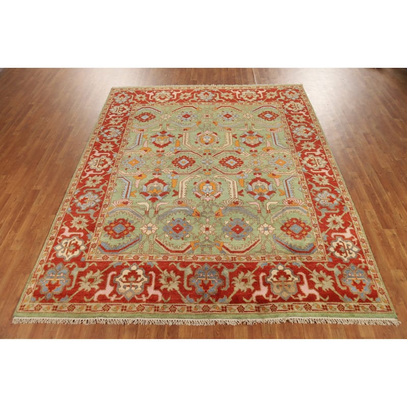 Hand Knotted Oriental 100% Wool Carpet Traditional Geometric Green Heriz (serapi) Area Rug - 9' 10'' X 8' 0''