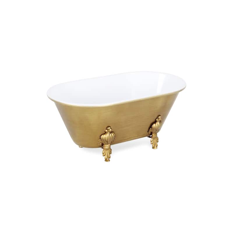 HomeRoots 12" Gold And White Metal Hand Painted Decorative Tub - 12.00 in. x 5.00 in. x 6.50 in.