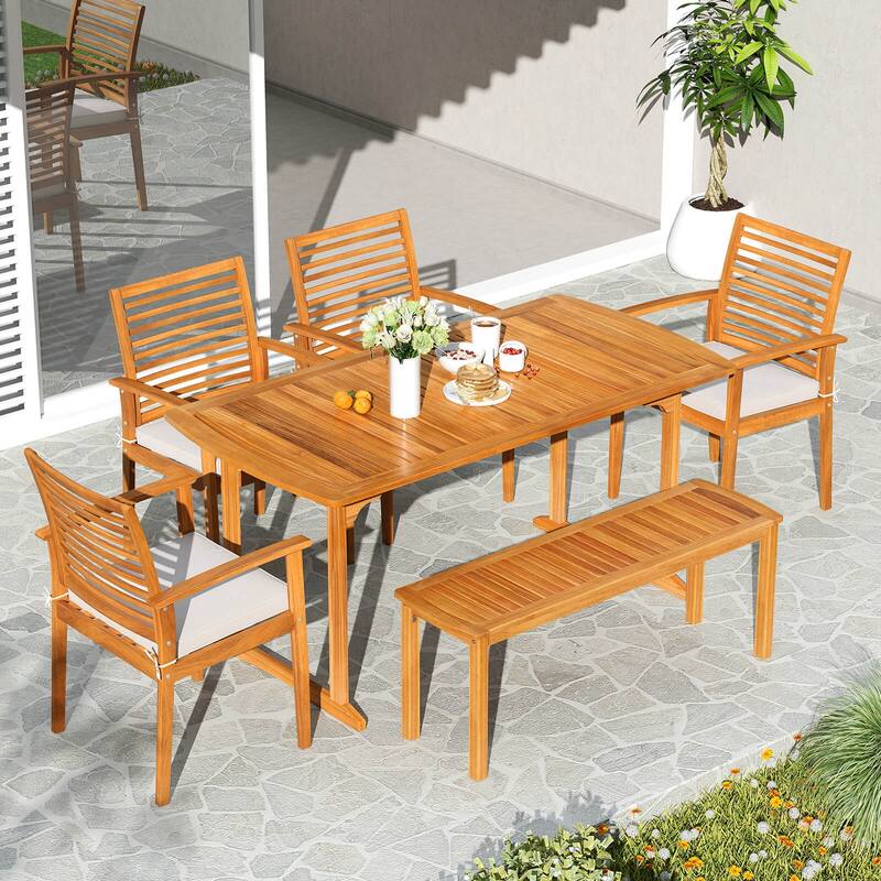 Costway 6PCS Outdoor Acacia Wood Dining Set Rectangle Dining Table - See Details