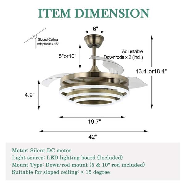 dimension image slide 1 of 6, Cusp Barn 42" Retractable Ceiling Fan with Lights and Remote DIY Shape Fandelier Modern Silent DC Motor LED Ceiling Light