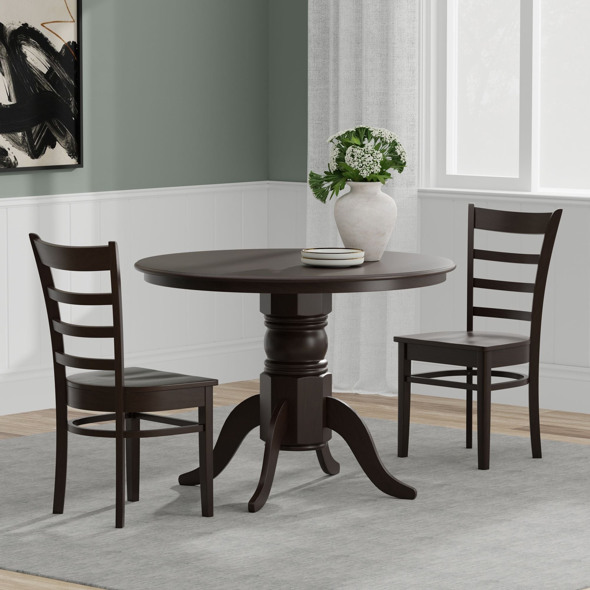 3-Piece Dining Set, 42" Round Pedestal Table and Slat Back Chairs