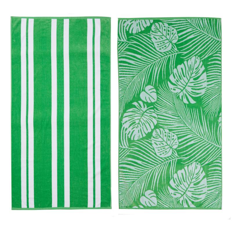 Luxurious Cotton Printed Beach Towel - Green Palm & Stripes