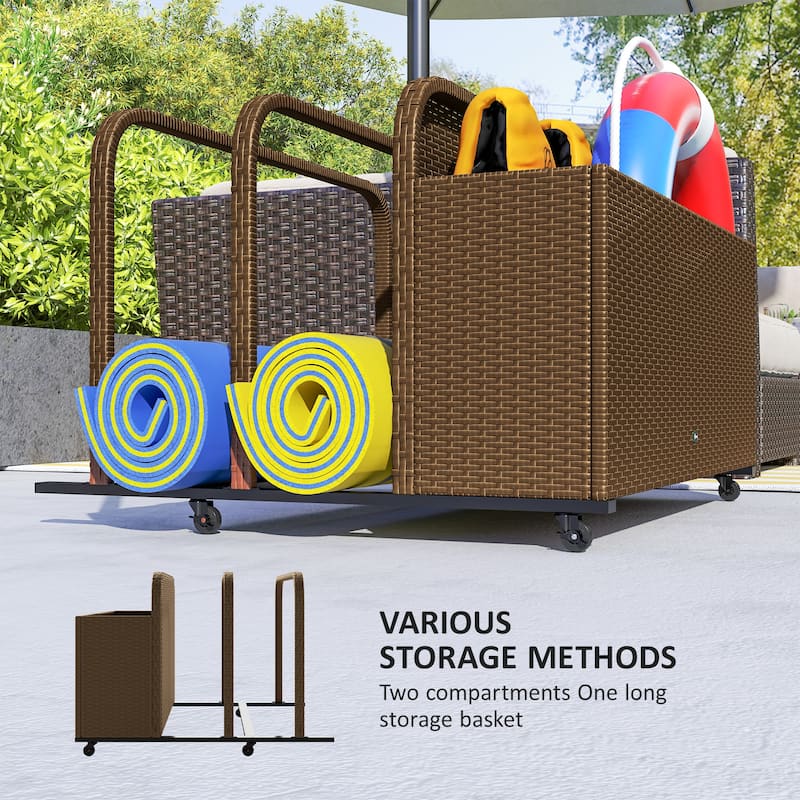 Outdoor Pool PE Rattan Float Storage Organizer with Three Sections and Wheels Steel Frame - 43.25" L x 36.8" W x 29.5" H