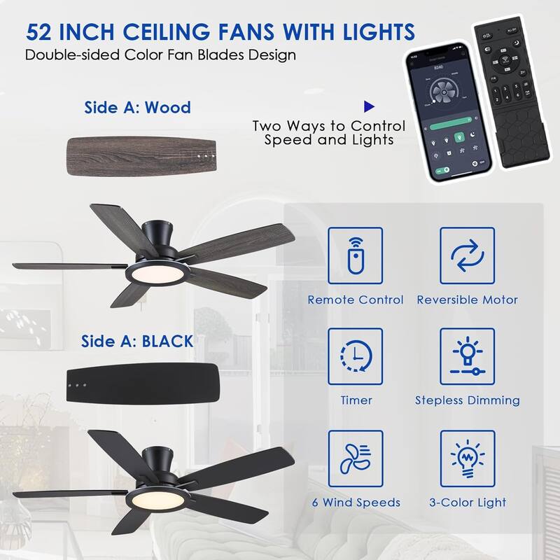 52" Modern Ceiling Fan with Light,Remote and App Control for Bedroom Living Room Patio - 52 Inches