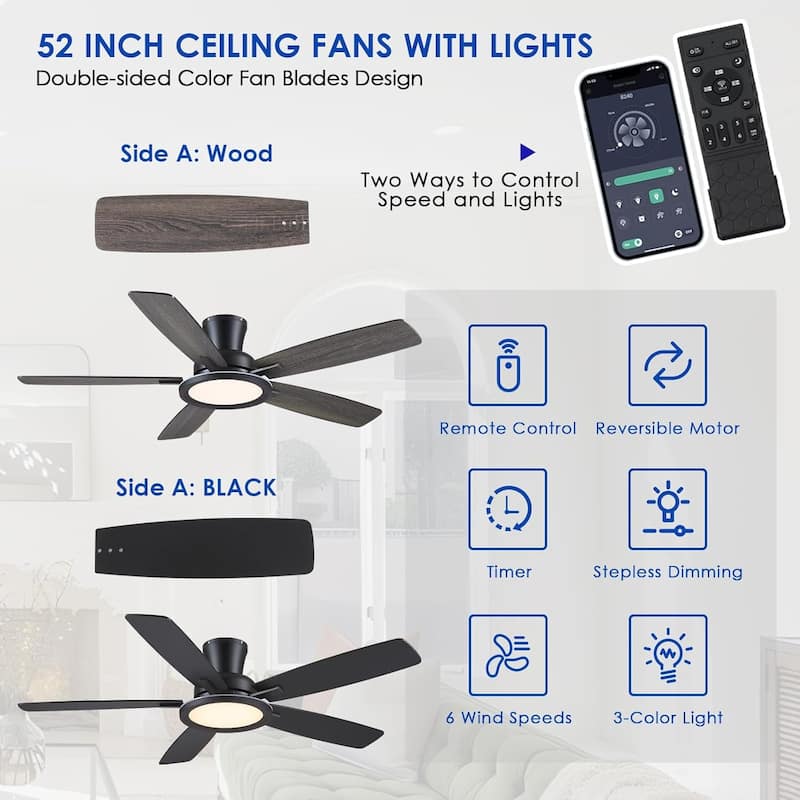 52 Inches RGB Flush Mount Ceiling Fan with Light,Reversible DC Motor for Bedroom Living Room Patio