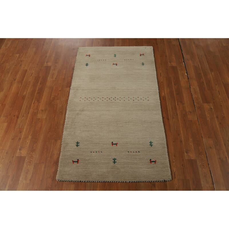 Hand Knotted Oriental 100% Wool Carpet Tribal Animal Pictorial Beige & Ivories Gabbeh Area Rug - 4' 10'' X 2' 10''