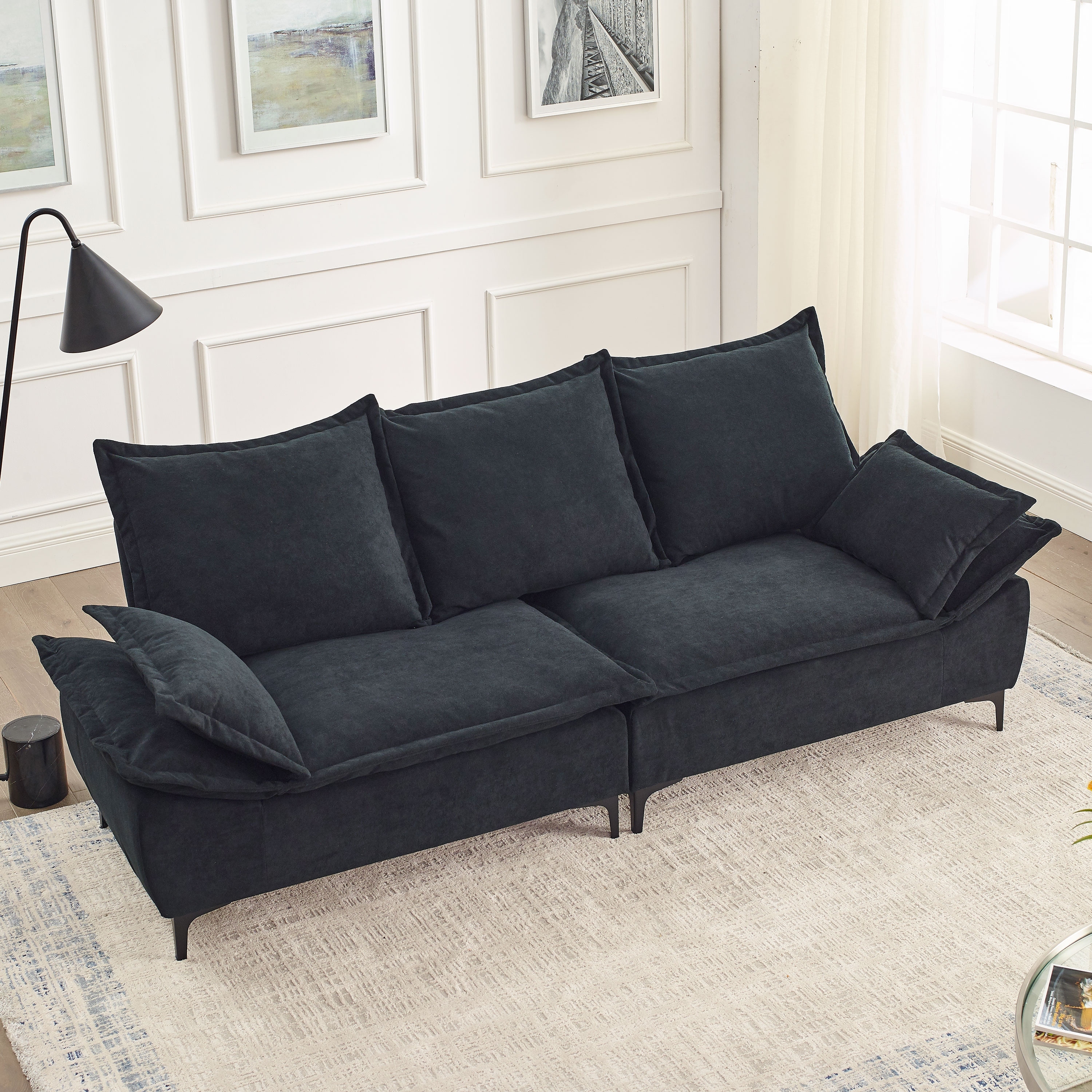 80.3 Modern Sofa Couch Upholstered Sofa Tufted Back Comfy Velvet Long Couch with 2 Pillows and Golden Legs for Living Room, Bedroom, Office, Apartmen