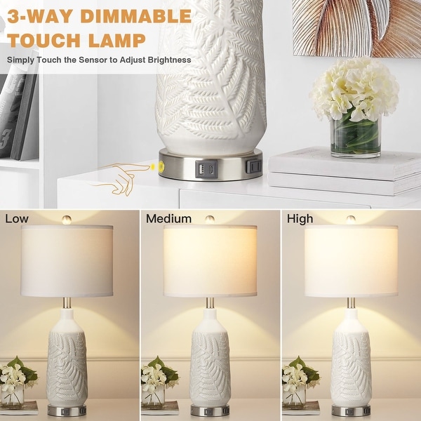 Cinkeda Table Lamps Ceramic White Special Texture Pattern 3 Way Touch Switch USB Type C Charging Ports AC Outlet Set of 2 Size 12 x 12 x 26.8