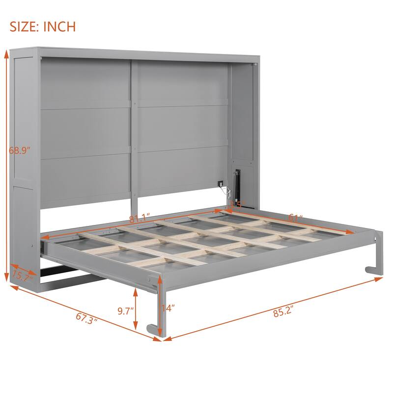 Gray Queen Murphy Bed with LED Lighting, Modern Wall Bed, No Box Spring Needed