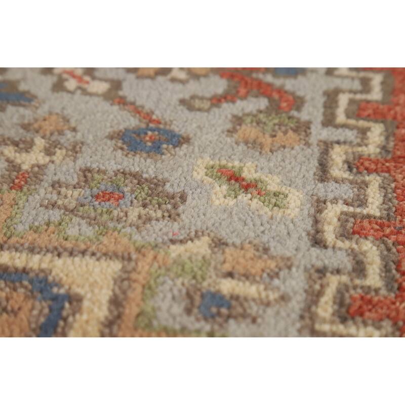 Hand Knotted Oriental 100% Wool Carpet Traditional Geometric Greys & Charcoal Heriz (serapi) Runner Rug - 7' 11'' X 2' 7''