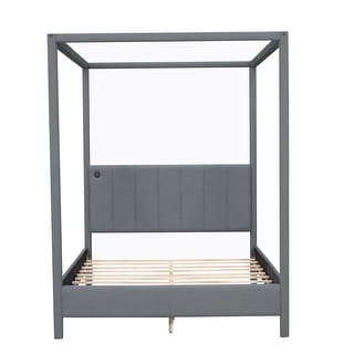 Beautiful Canvas-Upholstered Canopy Bed, Queen Size Canopy Platform Bed with USB and Type-C Ports, Canvas,Beige