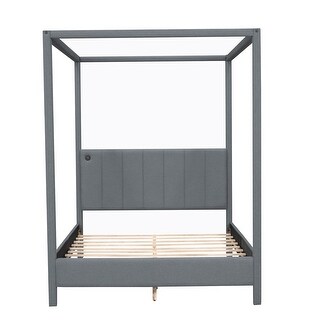 Queen Upholstery Canopy Bed Frame w/USB Type-C Ports Headboard,Gray