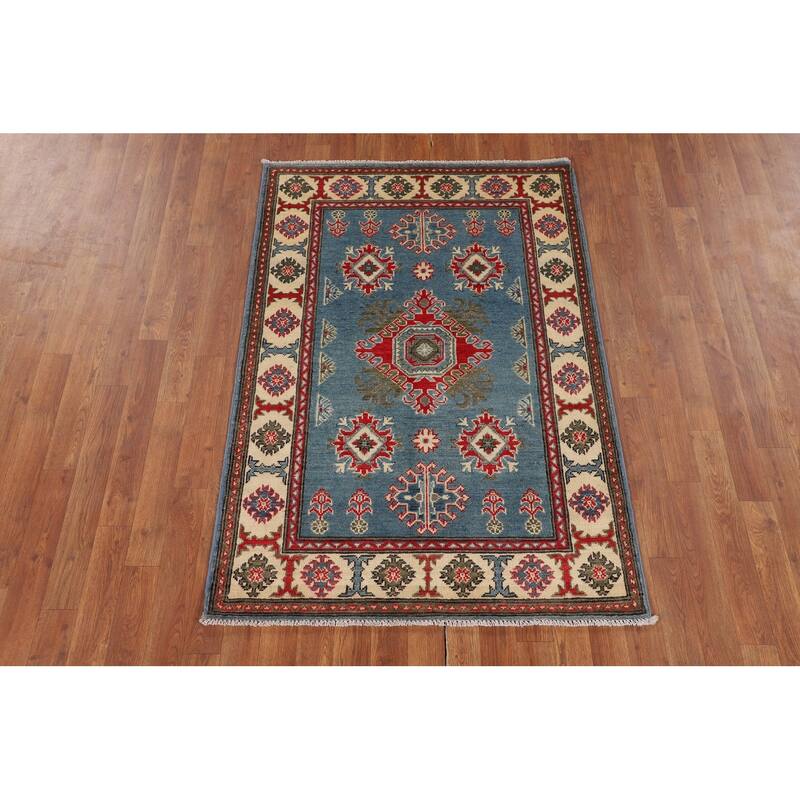 Blue Geometric Kazak Foyer Rug Hand-Knotted Oriental Wool Carpet - 3'4" x 4'11"