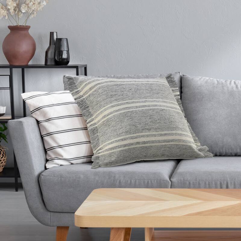 24" Gray and White Farmhouse Triple Stripe Square Outdoor Throw Pillow