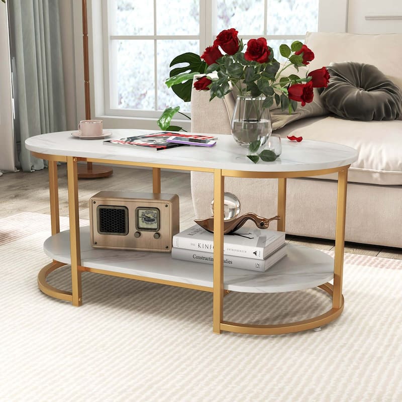 Costway White Marble Coffee Table Modern 2-Tier Center Table with - See Details