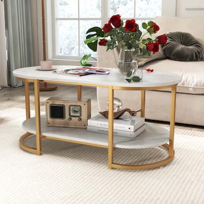 White Marble Coffee Table Modern 2-Tier Center Table w/ Storage Shelf