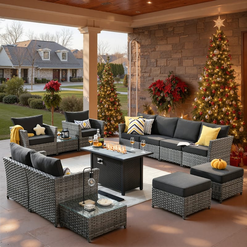 XIZZI 13-piece Outdoor Patio Wicker Furniture Set with Fire Table - Black
