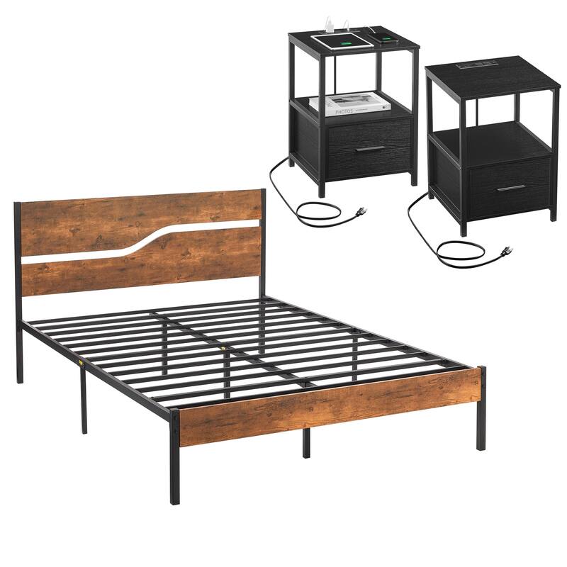 3-pieces Bedroom Set Platform Bed Frame Set of 2 Nightstands with Charging Station USB Port - Brown Bed-Black Nightstands - Full