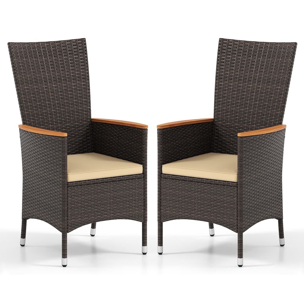 Gymax Patio Rattan Chairs 2 PCS w/High Backrest & Acacia Wood Armrests
