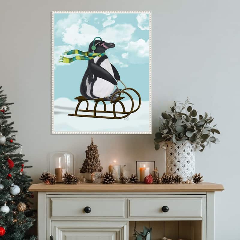 Penguin On Sled by Fab Funky (23 x 28 in.), Framed Canvas Wall Art Print - Sylvie Beaded White