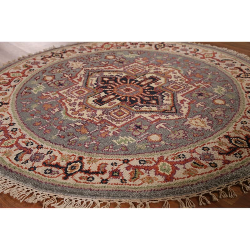 Medallion Heriz Serapi Indian Round Rug Handmade Wool Carpet - 3'10" x 3'10"