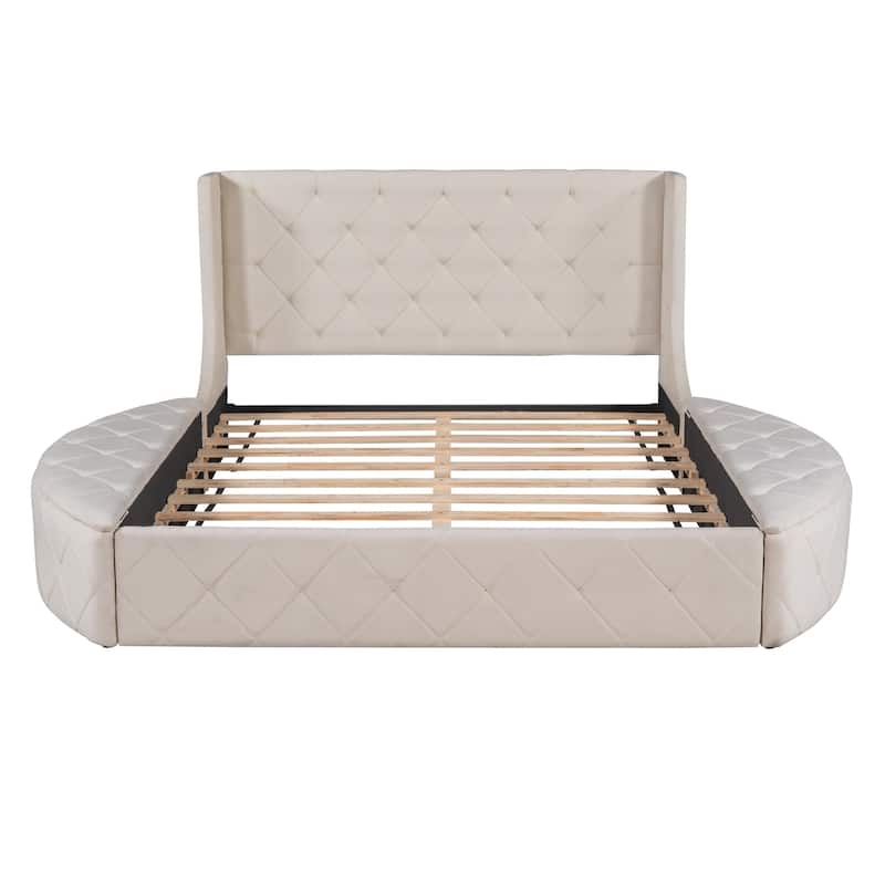Upholstered Platform Bed Storage Velvet Bed with Wingback Headboard and 1 Big Drawer,2 Side Storage Stool