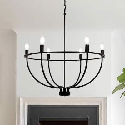 YANSUN 6-Light Ring Chandelier with E12 Base Large Circular Design in Matte Black Finish for Modern and Industrial Interiors