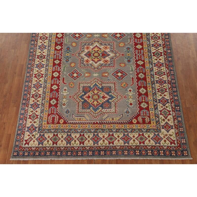 Geometric Kazak Area Rug Hand-Knotted Living Room Wool Carpet - 6'8" x 9'7"