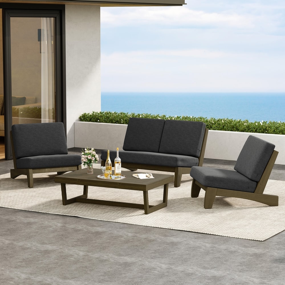 4 Pieces Wood Sectional Sofa Patio Conversation Set With Cushion