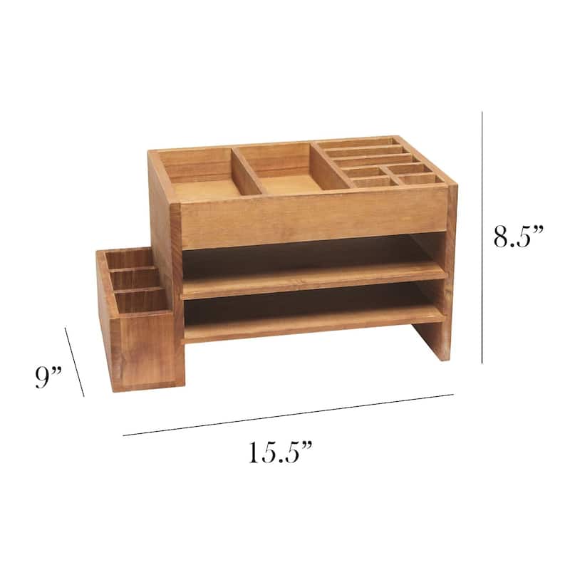 15.5" Brown Home Office Desk Organizer Storage Cubbies Letter Tray