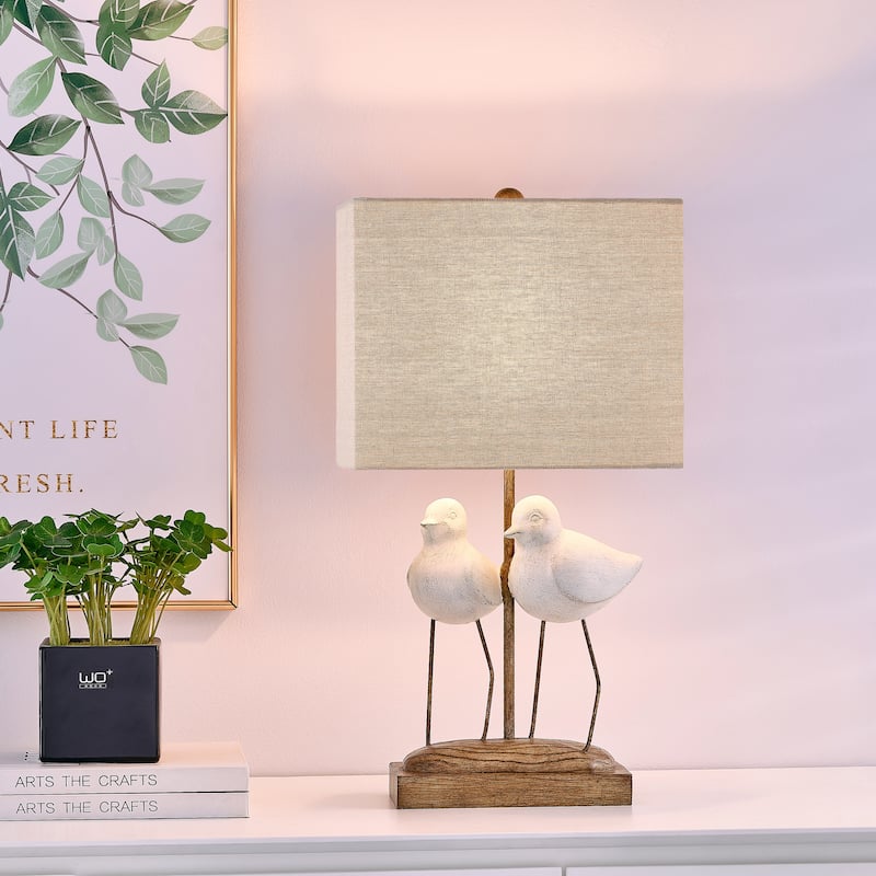 20"H White and Brown Resin Birds Table Lamp With Shade - 11" x 7" x 20"