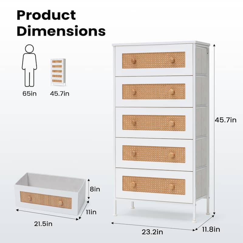 5-Drawer Closet Dresser Chest PE Rattan Storage Tower Organizer Cabinet