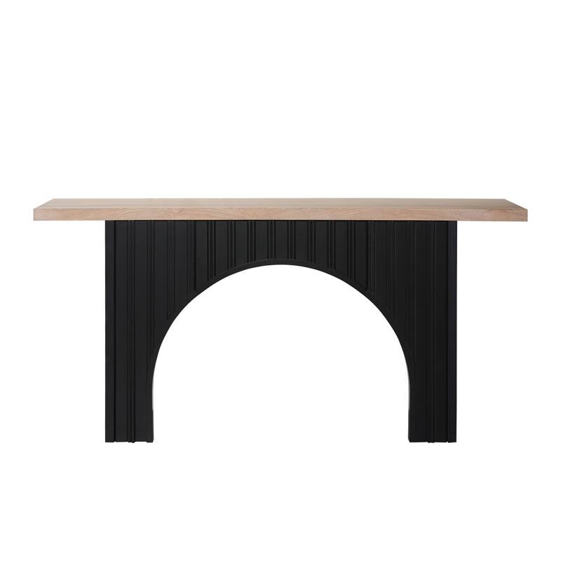 Minimalist Vertical Stripe Console Table with Black Arch Base and Natural Wood Top, Modern Entryway Table - 4 Assembly Styles