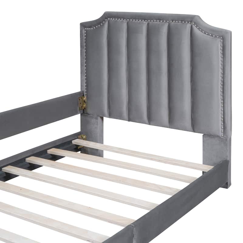 Stripe Shaped Headboard Bed Frame Wood Daybed, Velvet Upholstered Platform Bed with Side Guardrail, Bedroom Furniture Panel Bed