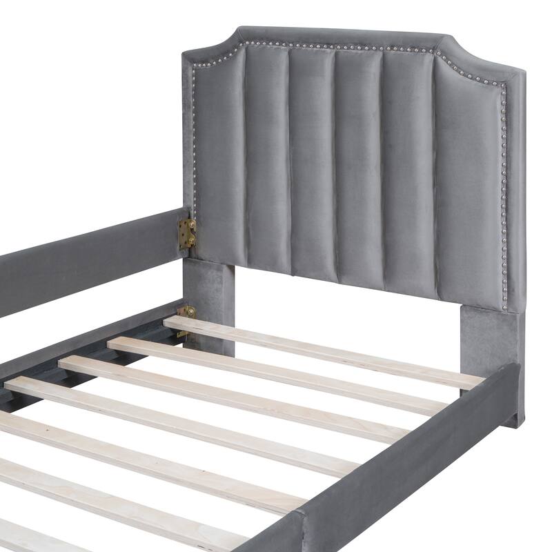 Twin Size Upholstered Daybed with Classic Stripe Shaped Headboard, Gray