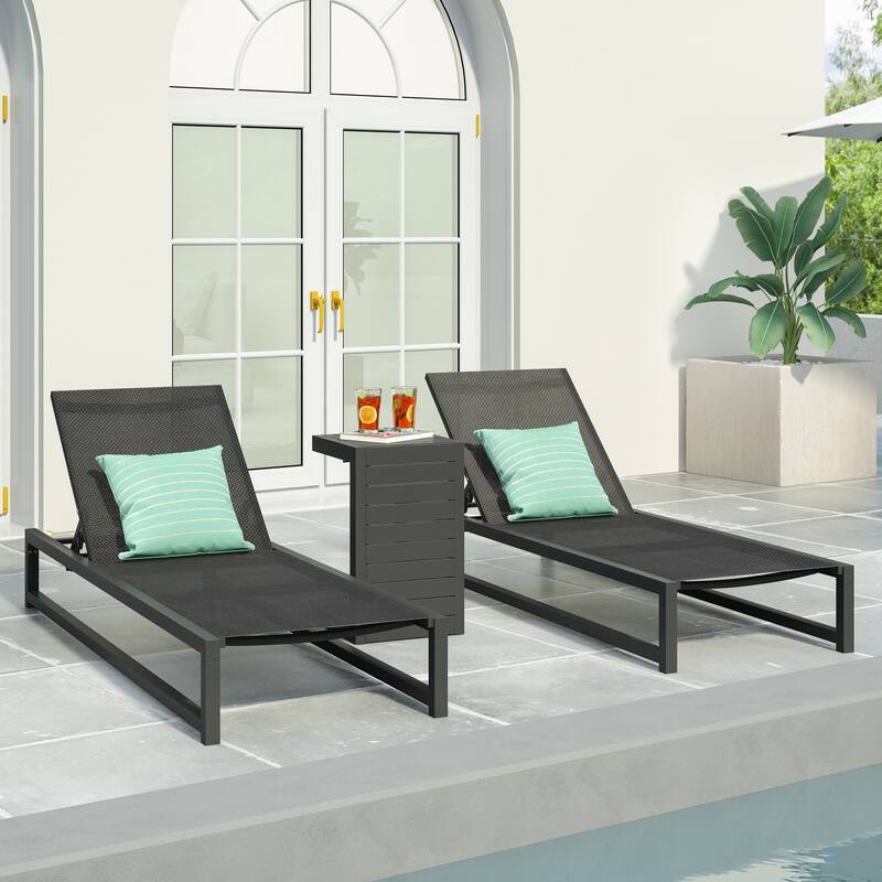 Modesta Outdoor Aluminum Chaise Lounge Set with C-Shaped End Table by Christopher Knight Home