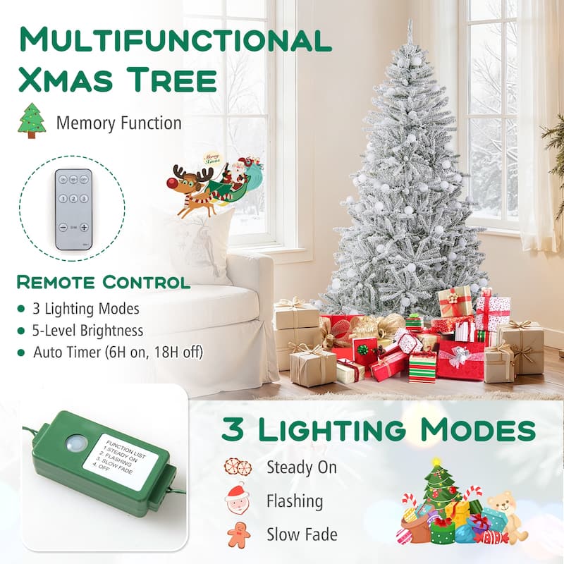 Costway 6/7/8 FT Snow-flocked Artificial Christmas Tree with 51/65/81 - Green & White - See Details