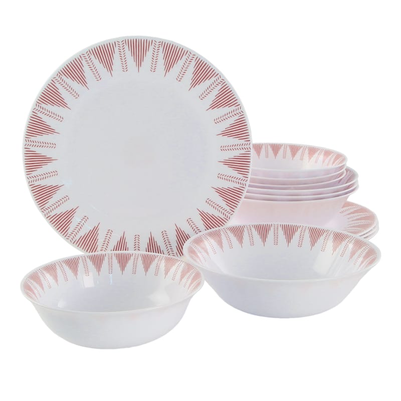 12 Piece Opal Glass Dinnerware Set in White With Red Accents - Red